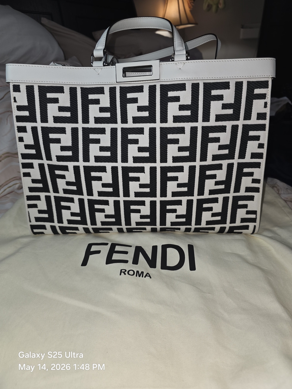 Fendi FF Canvas X-Tote Bag Black White Leather Trim Turn Lock. NWT. MFRP-$3800 - Picture 3 of 16